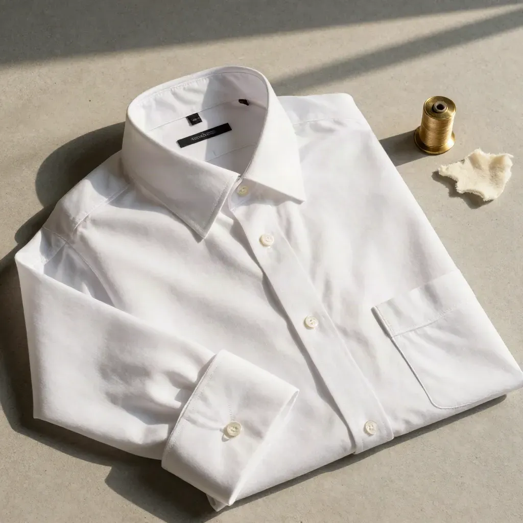 Flatlay de camisa social branca aberta, com gola, manga e laterais em estudo de caimento.