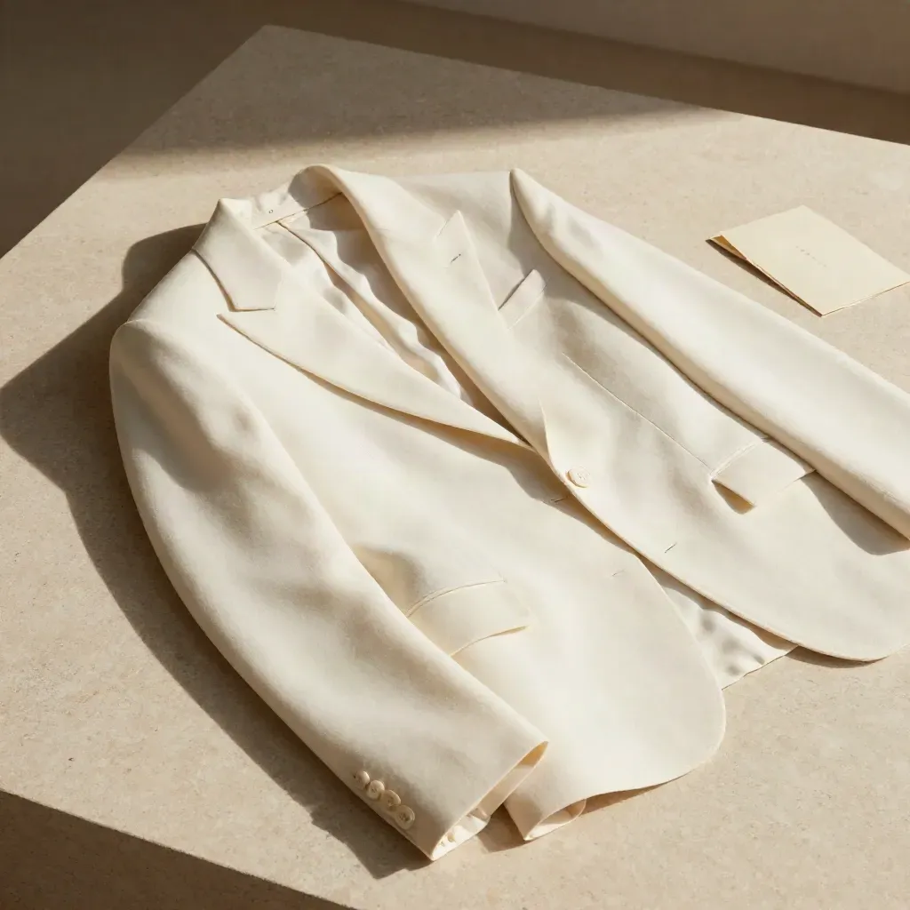 Blazer branco de lã com amostras de tecido sobre base clara, em clima premium de alfaiataria.